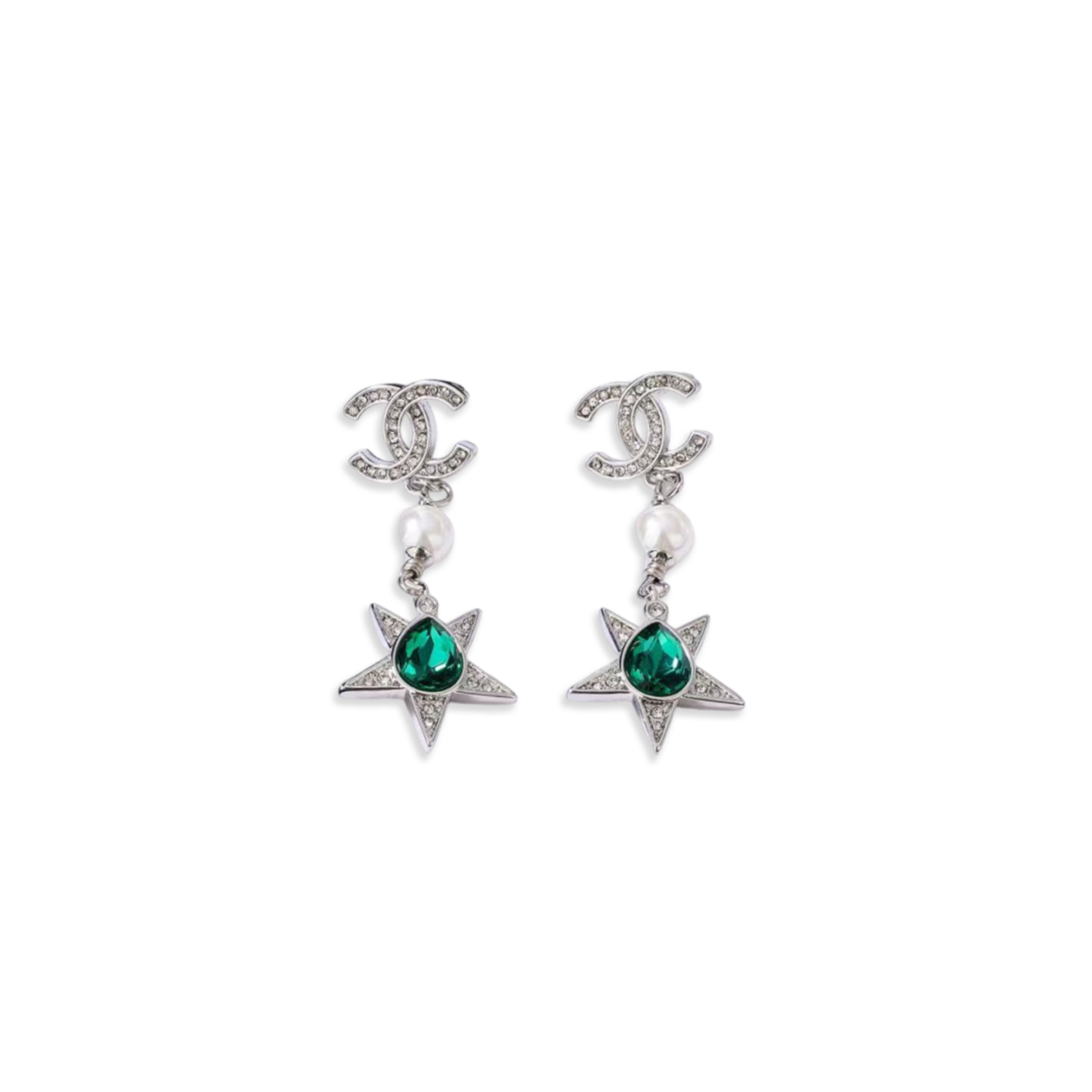 CHANEL GREEN DIAMANTE STAR CC DROP EARRINGS ABA380